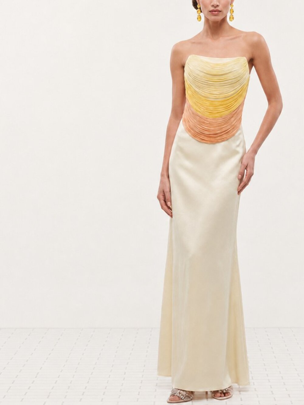 Ombre Fringe Strapless Satin Maxi Dress Yellow Peach Formal Gown - Picture 2 of 6